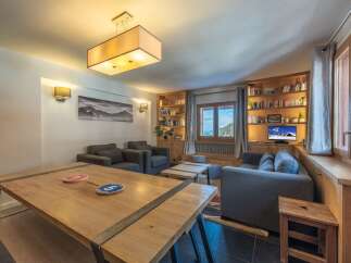This stunning apartment boasts a spacious living area with comfortable seating, a large wooden dining table, and built-in bookshelves.
