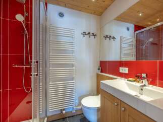 This stunning bathroom boasts a modern design with red tile accents and a sleek glass shower enclosure.