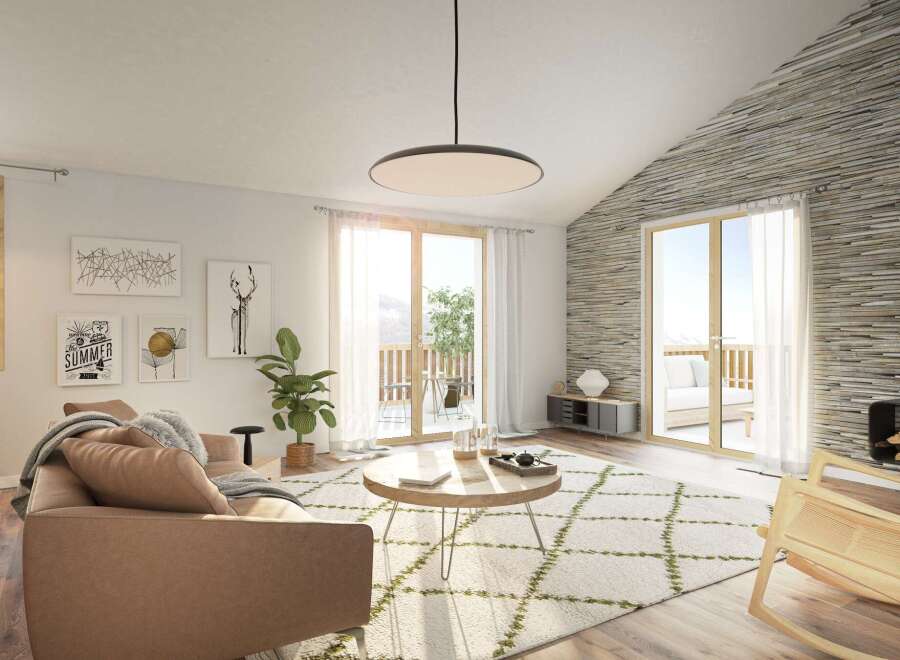 This stunning apartment boasts a spacious open-plan living area with floor-to-ceiling windows offering breathtaking views.