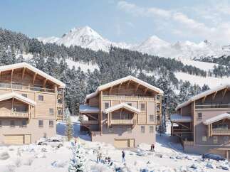 Discover luxurious chalets nestled in a breathtaking snowy mountain setting.