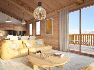 This stunning chalet boasts a spacious open-plan living area with floor-to-ceiling windows offering breathtaking mountain views.
