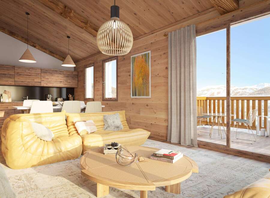 This stunning chalet boasts a spacious open-plan living area with floor-to-ceiling windows offering breathtaking mountain views.