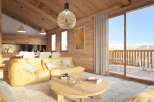 This stunning chalet boasts a spacious open-plan living area with floor-to-ceiling windows offering breathtaking mountain views.