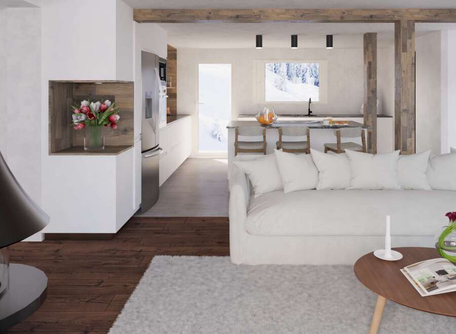 This stunning property boasts an open-concept living area with a cozy white sofa and a modern kitchen featuring sleek stainless steel appliances.