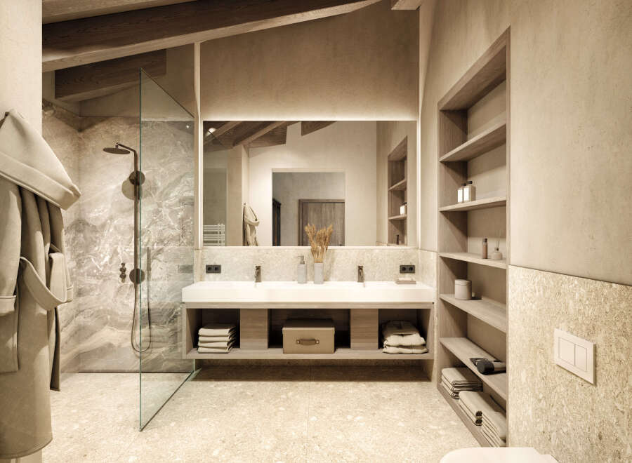 This luxurious bathroom boasts a spacious design with a double vanity, a walk-in shower, and ample storage.