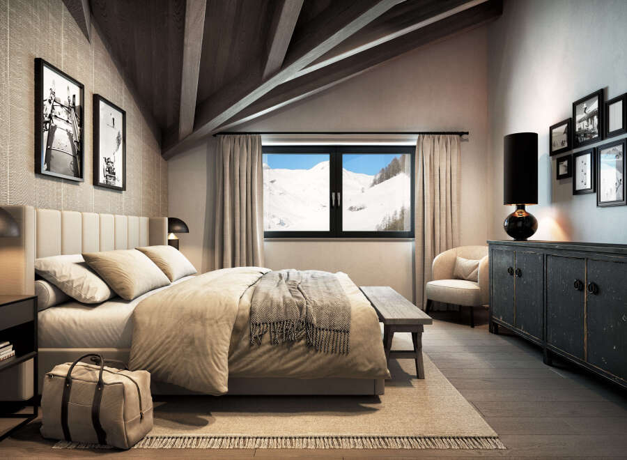This luxurious bedroom boasts a king-size bed, plush bedding, and a stunning mountain view from its large window.