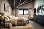 This luxurious bedroom boasts a king-size bed, plush bedding, and a stunning mountain view from its large window.