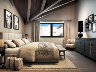 This luxurious bedroom boasts a king-size bed, plush bedding, and a stunning mountain view from its large window.