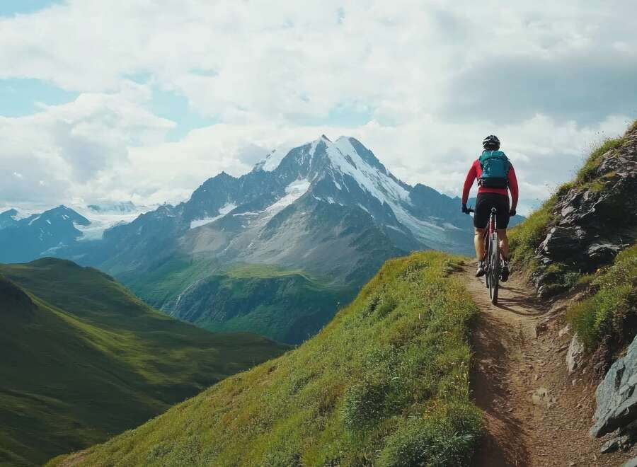 A mountain biker enjoys a scenic ride along a narrow trail, overlooking a breathtaking vista of snow-capped peaks and lush green valleys.