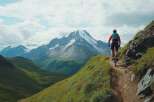 A mountain biker enjoys a scenic ride along a narrow trail, overlooking a breathtaking vista of snow-capped peaks and lush green valleys.