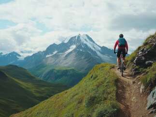 A mountain biker enjoys a scenic ride along a narrow trail, overlooking a breathtaking vista of snow-capped peaks and lush green valleys.