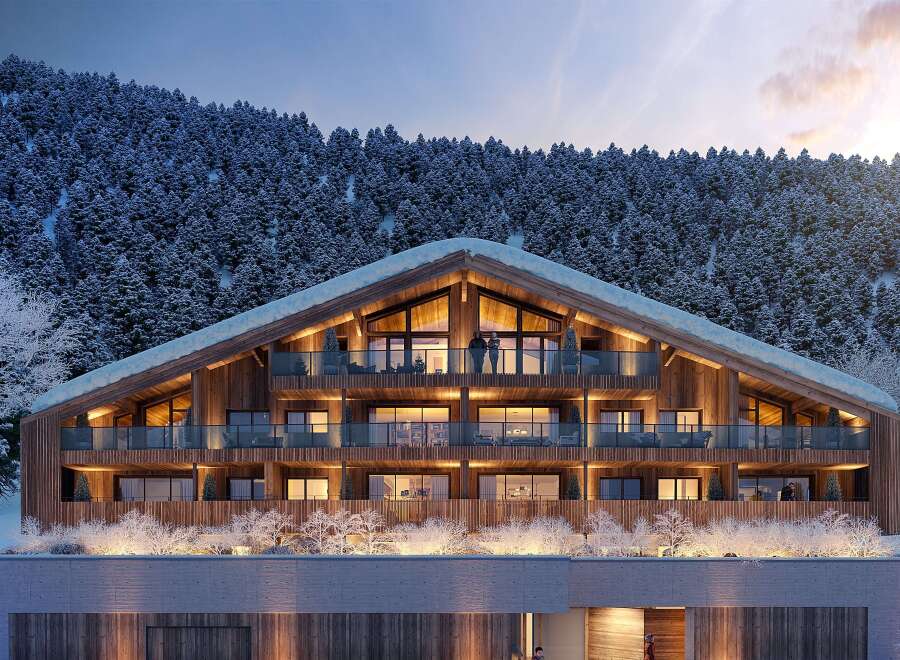 Luxury chalet nestled in a snowy mountainside, offering breathtaking views.