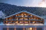 Luxury chalet nestled in a snowy mountainside, offering breathtaking views.