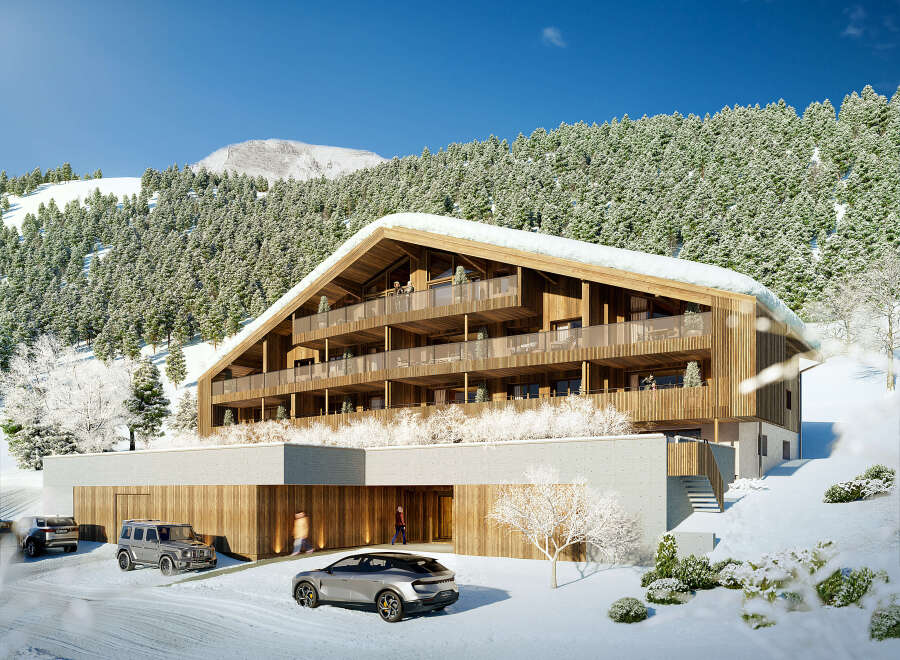 Luxury chalet nestled in a snowy mountainside, offering breathtaking views and modern amenities.