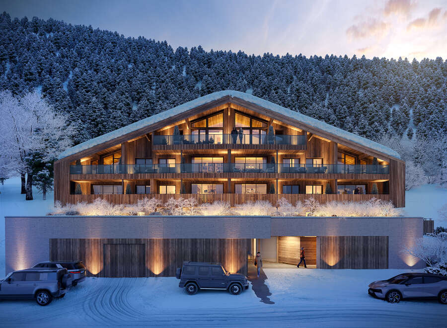 Luxury chalet nestled in a snowy mountainside, offering stunning views and modern amenities.