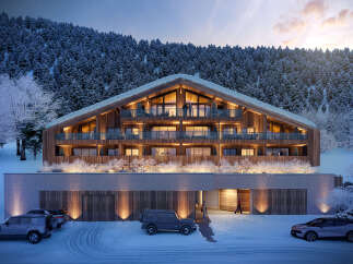 Luxury chalet nestled in a snowy mountainside, offering stunning views and modern amenities.