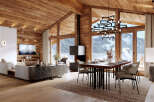 This stunning chalet boasts a spacious open-plan living area with floor-to-ceiling windows offering breathtaking mountain views.