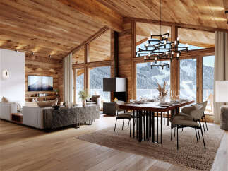 This stunning chalet boasts a spacious open-plan living area with floor-to-ceiling windows offering breathtaking mountain views.