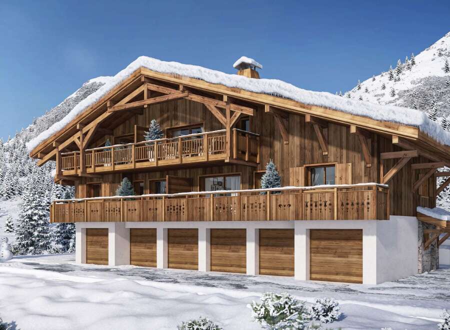 This stunning chalet boasts a prime location in a snow-covered mountain setting.