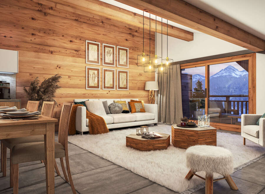 This stunning chalet boasts a spacious open-plan living area with floor-to-ceiling windows offering breathtaking mountain views.