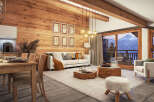 This stunning chalet boasts a spacious open-plan living area with floor-to-ceiling windows offering breathtaking mountain views.