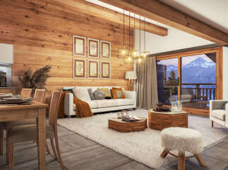 This stunning chalet boasts a spacious open-plan living area with floor-to-ceiling windows offering breathtaking mountain views.