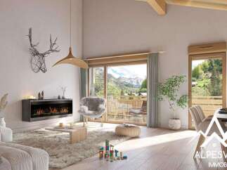 Stunning mountain view apartment with modern fireplace and spacious living area.