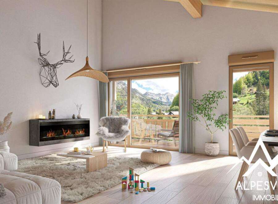 Stunning mountain view apartment with modern fireplace and spacious living area.
