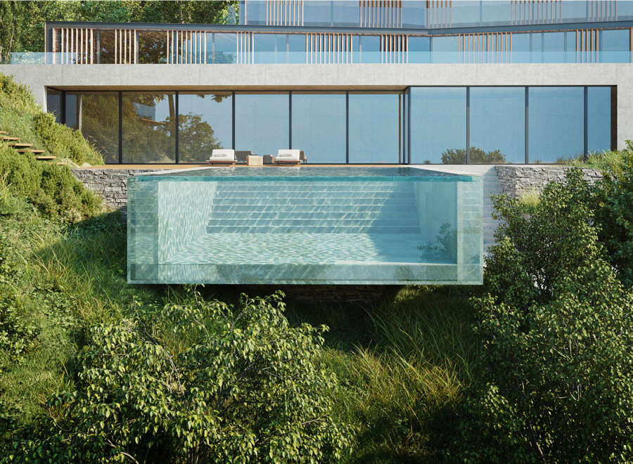 Stunning infinity pool seamlessly blends with the lush hillside, offering breathtaking views.