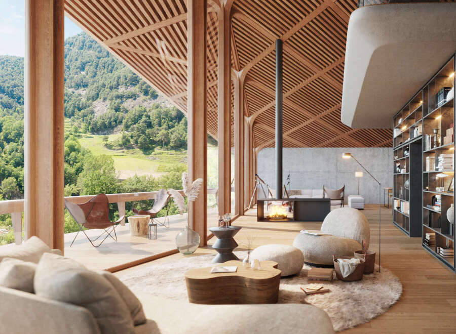 Mountain view living room with floor to ceiling windows, wooden ceilings, and a modern fireplace.