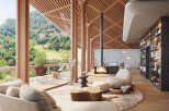Mountain view living room with floor to ceiling windows, wooden ceilings, and a modern fireplace.