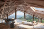 Mountain view home office with stunning wooden ceilings and large windows.