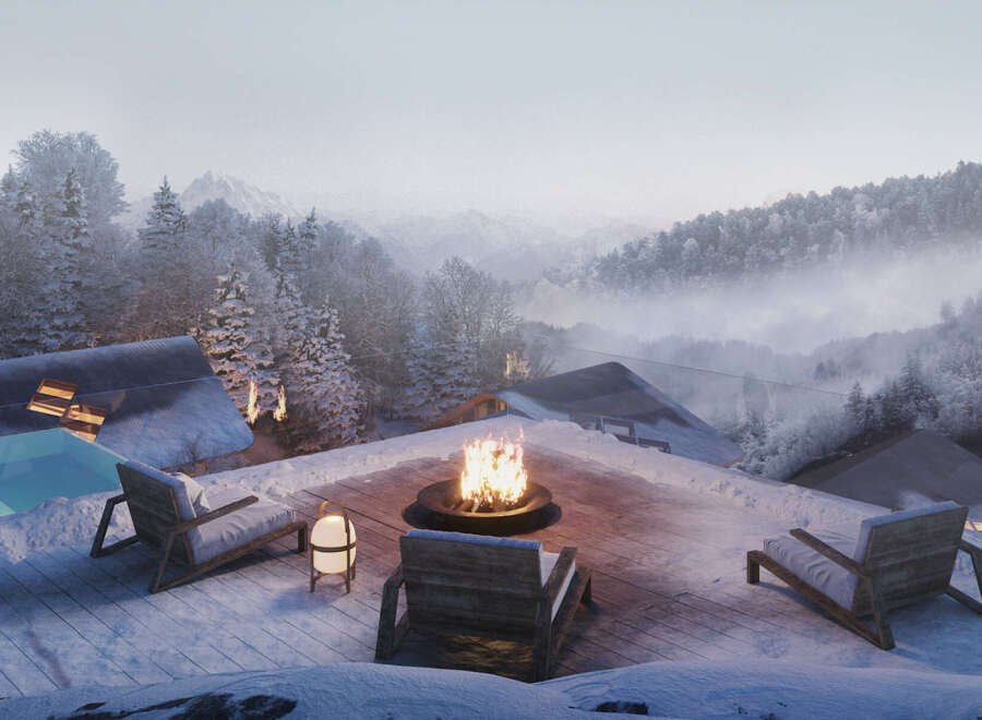 Luxury chalet with breathtaking mountain views and a private rooftop terrace featuring a fire pit, comfortable seating, and an infinity pool.