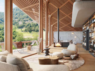 Mountain view living room with floor to ceiling windows, wooden ceilings, and a modern fireplace.