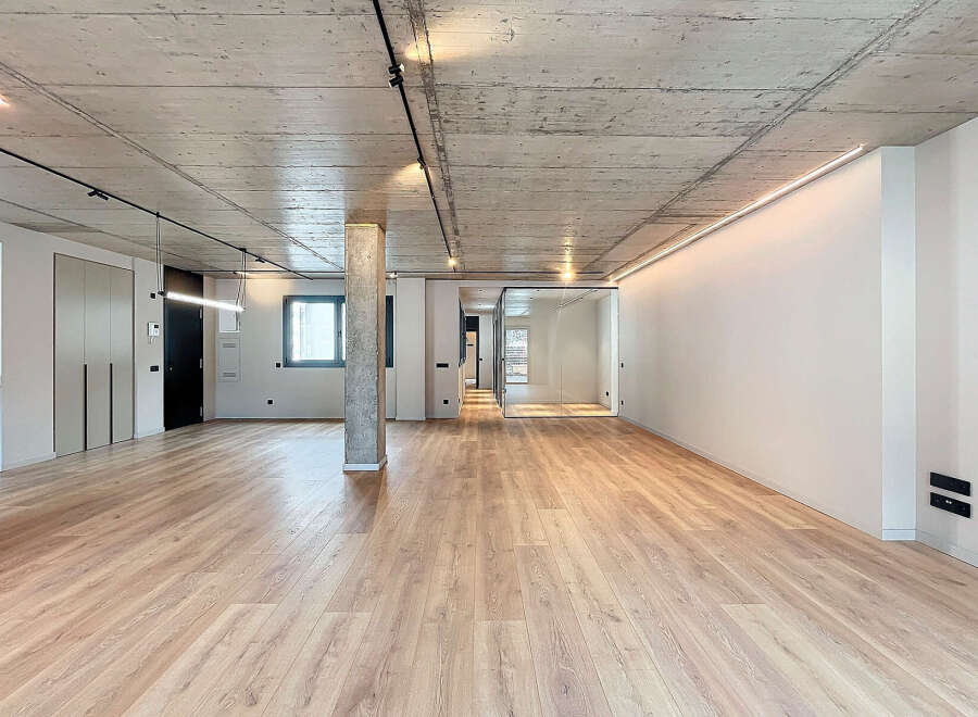 Stunning open-plan living space with exposed concrete ceilings and sleek modern lighting.