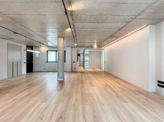 Stunning open-plan living space with exposed concrete ceilings and sleek modern lighting.