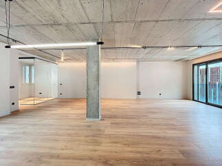 Stunning open-plan living space with exposed concrete ceilings and sleek modern lighting.