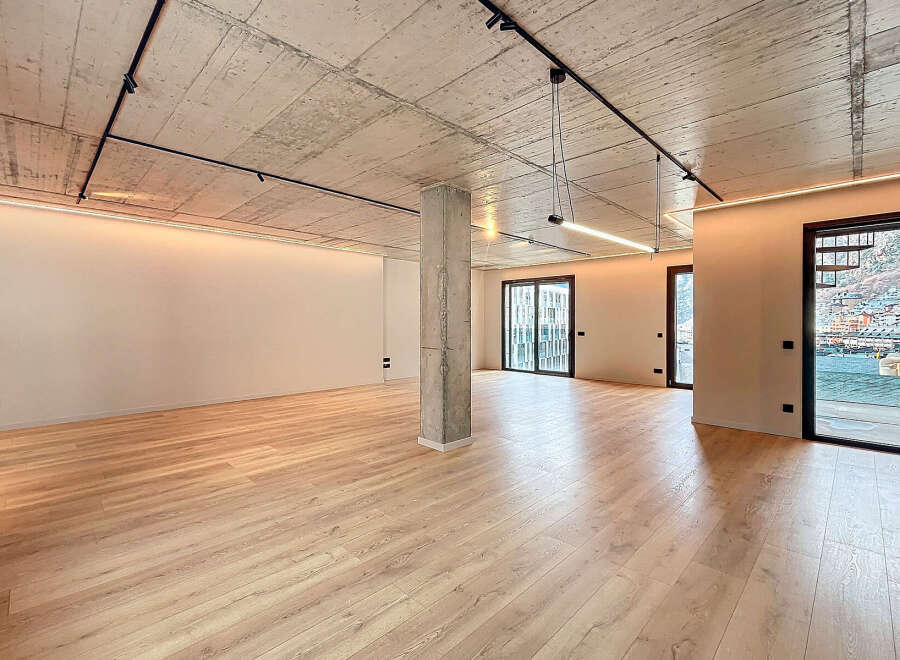 Stunning open-plan living space with exposed concrete ceilings and sleek modern lighting.