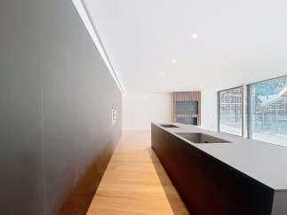 Modern kitchen with sleek dark cabinetry and integrated appliances.
