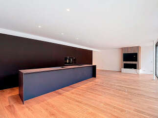 Stunning open-plan living space with sleek, modern kitchen island and hardwood floors.