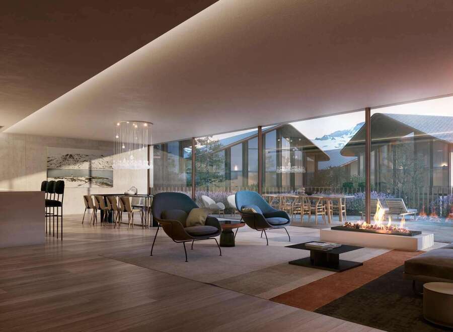 This stunning property boasts an open-plan living area with floor-to-ceiling windows offering breathtaking views.