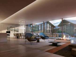 This stunning property boasts an open-plan living area with floor-to-ceiling windows offering breathtaking views.