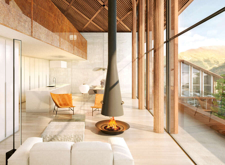 This stunning home boasts an open floor plan with floor-to-ceiling windows offering breathtaking mountain views.