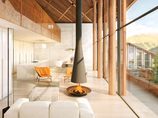 This stunning home boasts an open floor plan with floor-to-ceiling windows offering breathtaking mountain views.