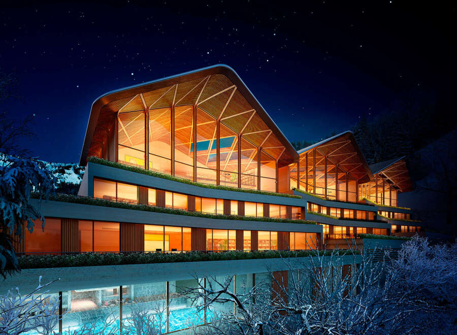 Luxury mountain retreat with stunning night views.
