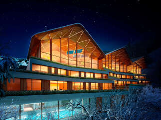 Luxury mountain retreat with stunning night views.