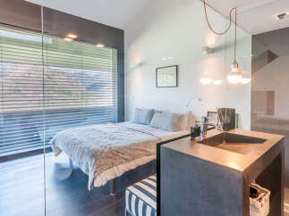 Modern mountain retreat with stunning views.