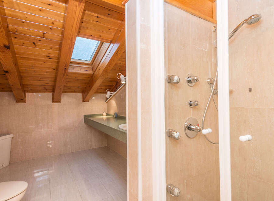 This luxurious bathroom boasts a spacious shower with multiple shower heads and a sleek, modern design.