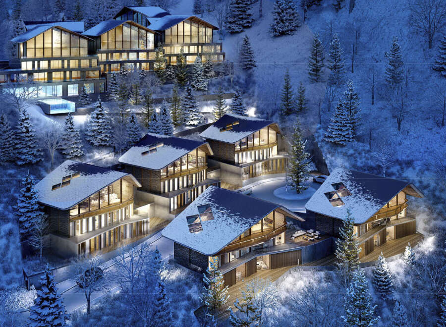 Luxury chalet homes nestled in a snowy mountainside, offering breathtaking views and modern amenities.