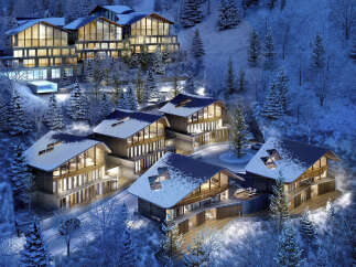 Luxury chalet homes nestled in a snowy mountainside, offering breathtaking views and modern amenities.